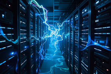 A server room filled with glowing server racks, representing Kubernetes nodes processing data.