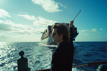 A fleet of container ships, symbolizing Docker, being orchestrated by a conductor, symbolizing Kubernetes.