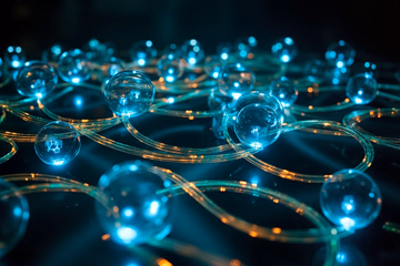 A network of interconnected servers represented as glowing orbs, each labeled with a Kubernetes service type, connected by fiber optic cables.