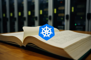 Open book with Kubernetes logo on the cover, surrounded by server racks, shot on film: kodak porta 400
