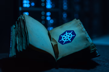 Open book with Kubernetes logo amidst server racks, symbolizing knowledge for DevOps engineers.
