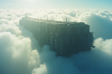 Interconnected containers forming a ship sailing on a sea of clouds, symbolizing Kubernetes deployment.