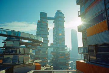 Kubernetes cluster visualized as a cityscape with containers as buildings, managed by a central control tower.