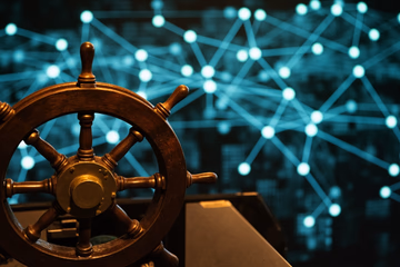 Helm chart as a ship's wheel guiding Kubernetes clusters, automating deployments.