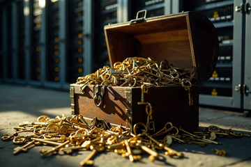 A locked treasure chest overflowing with golden keys, symbolizing secure Kubernetes secrets management.