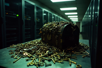A locked treasure chest overflowing with keys, symbolizing securely managed Kubernetes secrets.