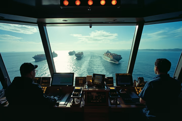 A ship's control bridge managing a fleet of container ships on a vast ocean.