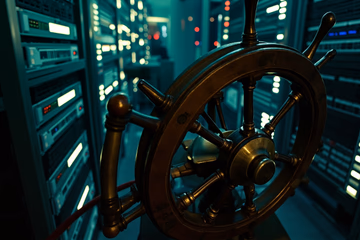 A ship's helm navigating through a sea of server racks, symbolizing Kubernetes management.