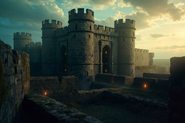 Fortified castle with multiple layers of defense protecting digital servers within, shot on film: kodak porta 400