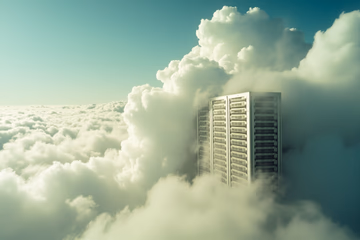 Cloud formation morphing into server racks, illustrating autoscaling and resource optimization.
