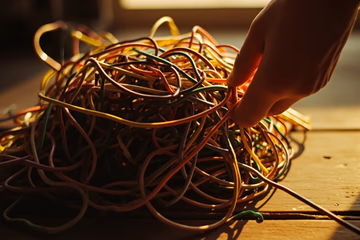 A tangled web of wires representing complex Kubernetes costs being untangled by a hand.