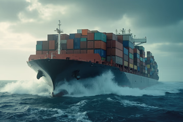 Containers on a ship, each sized differently, navigating efficiently through a stormy sea, representing optimized Kubernetes resource management.