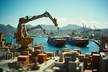 Miniature city with container ships being carefully moved by robotic arms, representing Kubernetes deployments.