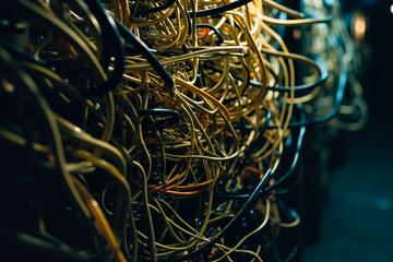 Interconnected network cables forming a Kubernetes cluster, symbolizing network solutions, shot on film: kodak porta 400