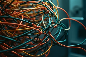 Interconnected network cables forming a Kubernetes cluster, symbolizing service connections and data flow.