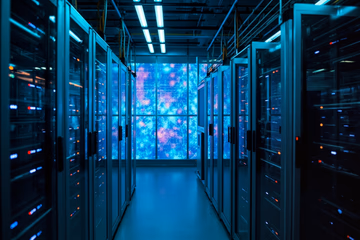Interconnected server racks protected by a glowing digital firewall, symbolizing secure Kubernetes networking.