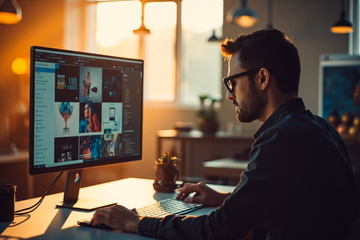 A web designer previews Elementor GPL templates, showcasing affordable premium WordPress designs.