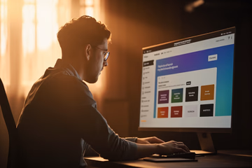 A person designing a website layout on a computer, showcasing the flexibility of WordPress theme builders.