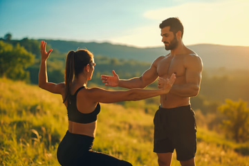 A personal trainer guiding a client outdoors, symbolizing effective marketing strategies and business growth.