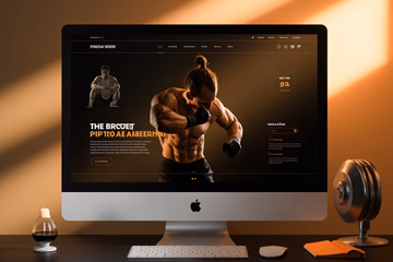 Wide shot of a modern website template showcasing a fitness trainer, photorealistic with warm tones and blurred background.