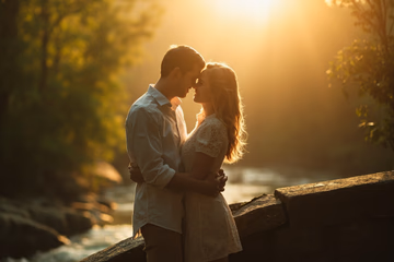 A couple reunites on a bridge at sunset, symbolizing rekindled love and reconciliation.