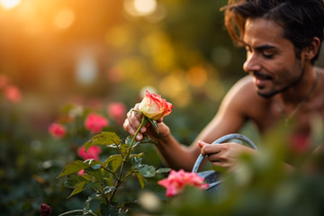 A person thoughtfully tending to a wilting rose, symbolizing care and revival in relationships.