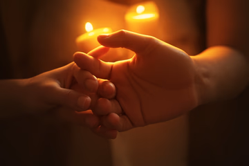 Candlelight illuminating intertwined hands, symbolizing rekindled love in Chambéry.