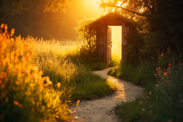 A winding path leading to a warmly lit doorway, symbolizing the journey to rekindled love.