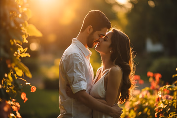 A warm, inviting scene of a couple reuniting in a sunlit garden, symbolizing rekindled love and affection.