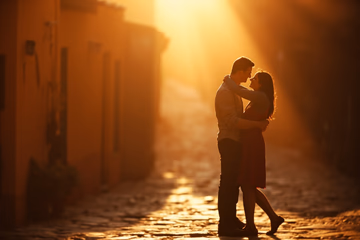 A couple reunites on a sunlit cobblestone street, symbolizing restored affection and renewed connection.