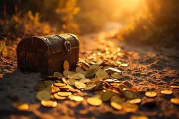 A beginner's journey into affiliate marketing, symbolized by a path leading to a treasure chest filled with coins.