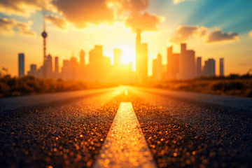 Beginner-friendly path to affiliate marketing success, symbolized by a sunlit road leading to a city skyline.