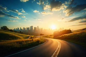 A winding road leading to a city skyline, symbolizing a path to financial success through affiliate programs.