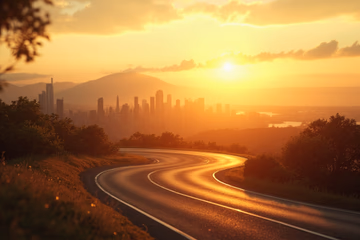 A winding road leading to a city skyline, symbolizing the path to financial success through affiliate programs.