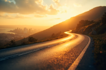 A winding road symbolizing the affiliate marketing journey, leading to a city representing financial success.