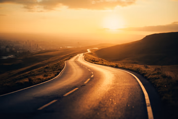 A winding road symbolizing the affiliate marketing journey, leading to a city representing financial success.