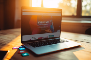 Website homepage displayed on a laptop screen, surrounded by social media icons, symbolizing traffic driven by SMM.