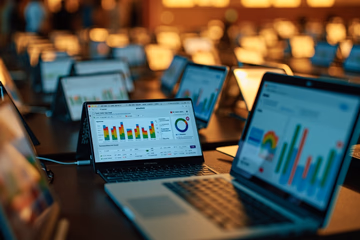 A network of interconnected laptops displaying affiliate marketing dashboards, symbolizing a lucrative career path.
