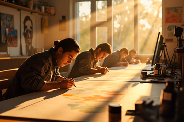 A diverse group of animators collaborating on a 2D animation project in a sunlit studio.