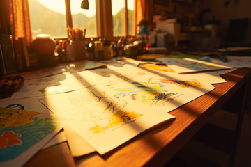 Wide shot of an animator's desk with sketches, blurred background, and natural lighting.