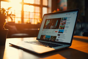 A person presenting a YouTube channel on a laptop, showcasing affiliate marketing success.