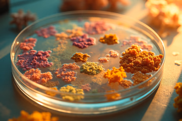 Petri dish containing bacterial colonies, representing food microbiology testing for safety and compliance.