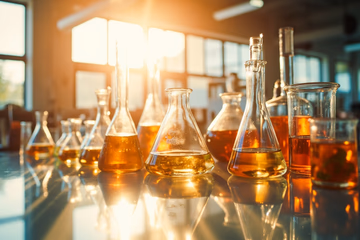Laboratory glassware analyzing food samples, representing food composition analysis.