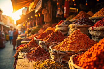 A wide shot of a spice market stall, representing the diverse components analyzed in food composition analysis.