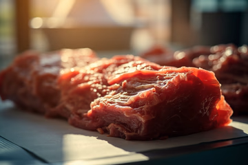 A meat sample being tested in a microbiology lab to ensure food safety.