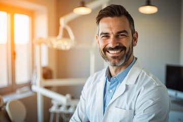 A dentist smiling confidently, representing the enhanced 'dental esteem' achieved through effective marketing strategies.