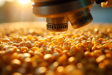 Close-up of grain being analyzed under a microscope, representing feed contaminant detection methods.