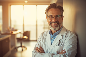 A dentist smiling confidently, representing the enhanced esteem achieved through effective dental marketing.