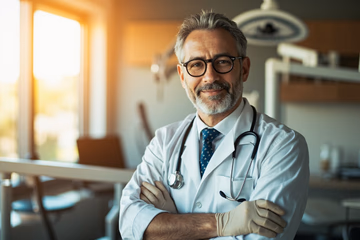 A dentist smiling confidently, representing the enhanced professional image achieved through effective dental marketing.