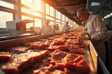 Photorealistic image of a meat processing line utilizing advanced technology for contaminant detection, ensuring food safety and quality.